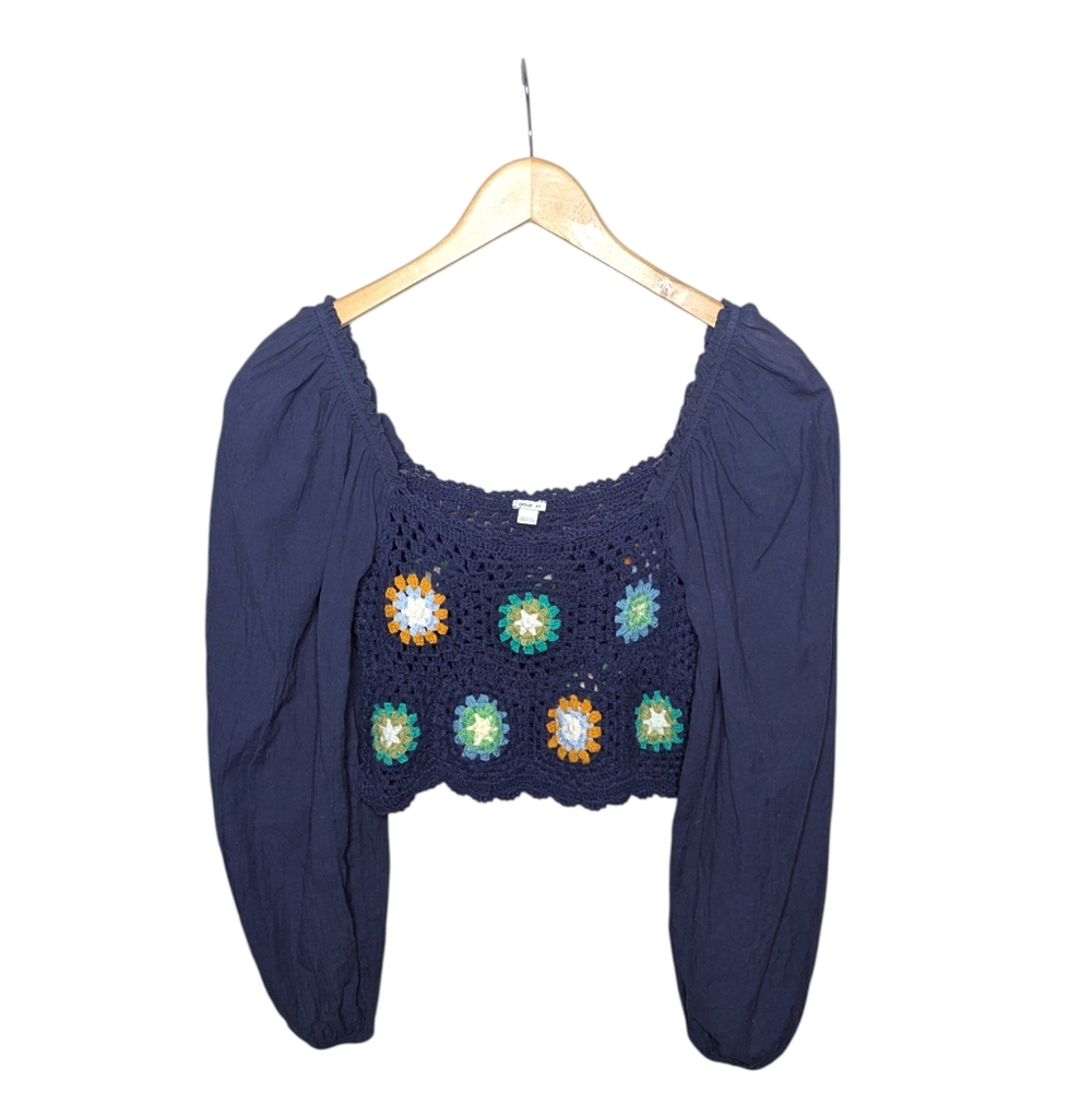 Aerie Crochet Crop Top Medium Navy Balloon Sleeve Boho Peasant Floral Hippie